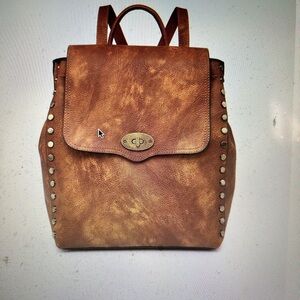 Brown Vegan Leather Backpack with Studded Flap and Twist-Lock Closure